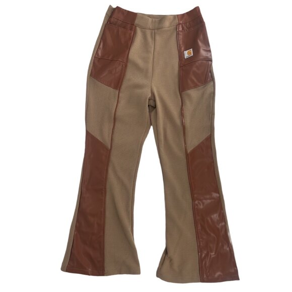 Beige Caramel Patchwork Flare Pants Contrast Panel Y2K Wide Leg M - Picture 4 of 6